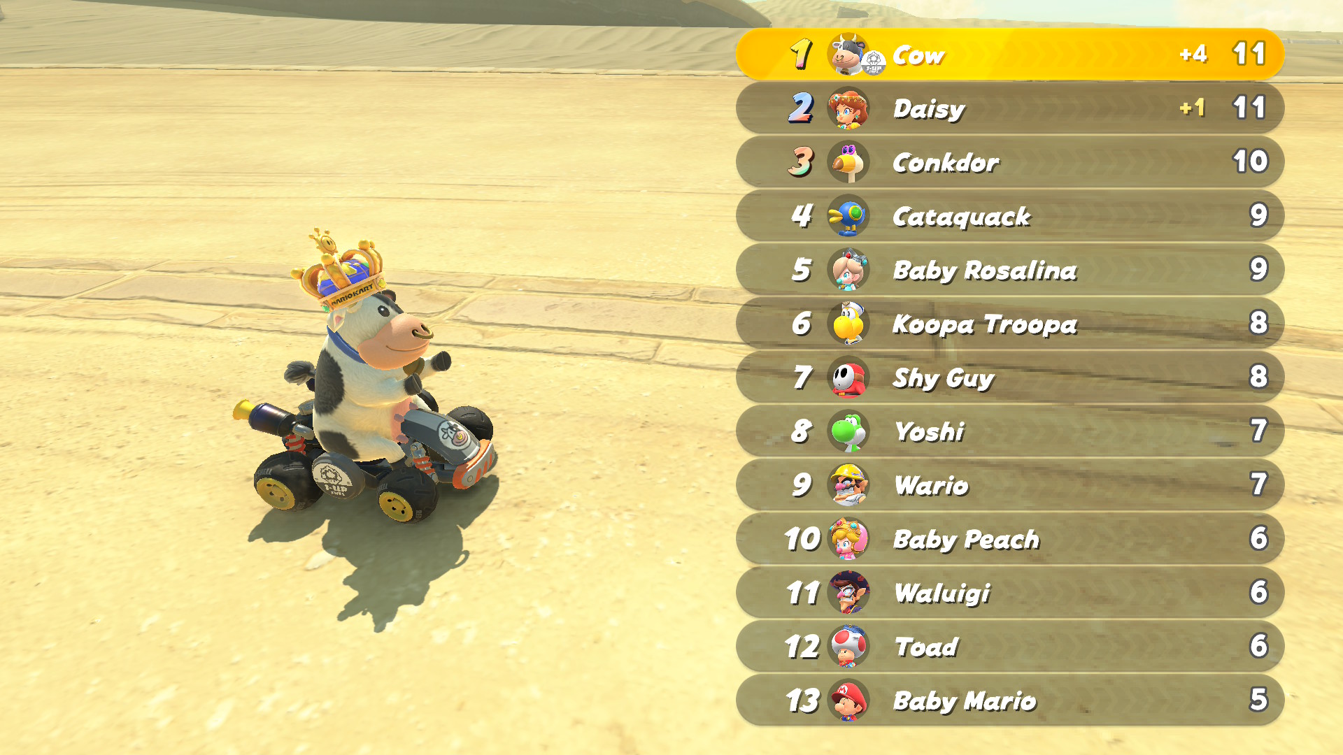 Mario Kart World, win screen with the player playing as the cow